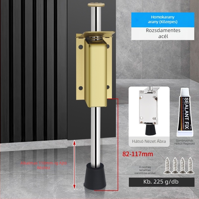 Lábpedállal működtetett ajtóstopper, rozsdamentes acélból, csiszolt felülettel, négyszögletes modell, falra szerelhető, kézi működtetés
