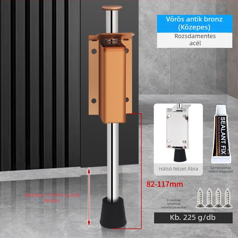 Lábpedállal működtetett ajtóstopper, rozsdamentes acélból, csiszolt felülettel, négyszögletes modell, falra szerelhető, kézi működtetés