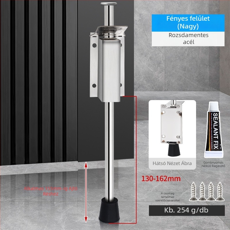 Lábpedállal működtetett ajtóstopper, rozsdamentes acélból, csiszolt felülettel, négyszögletes modell, falra szerelhető, kézi működtetés
