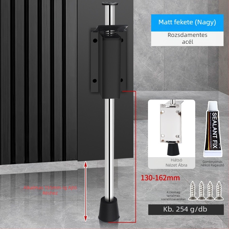 Lábpedállal működtetett ajtóstopper, rozsdamentes acélból, csiszolt felülettel, négyszögletes modell, falra szerelhető, kézi működtetés