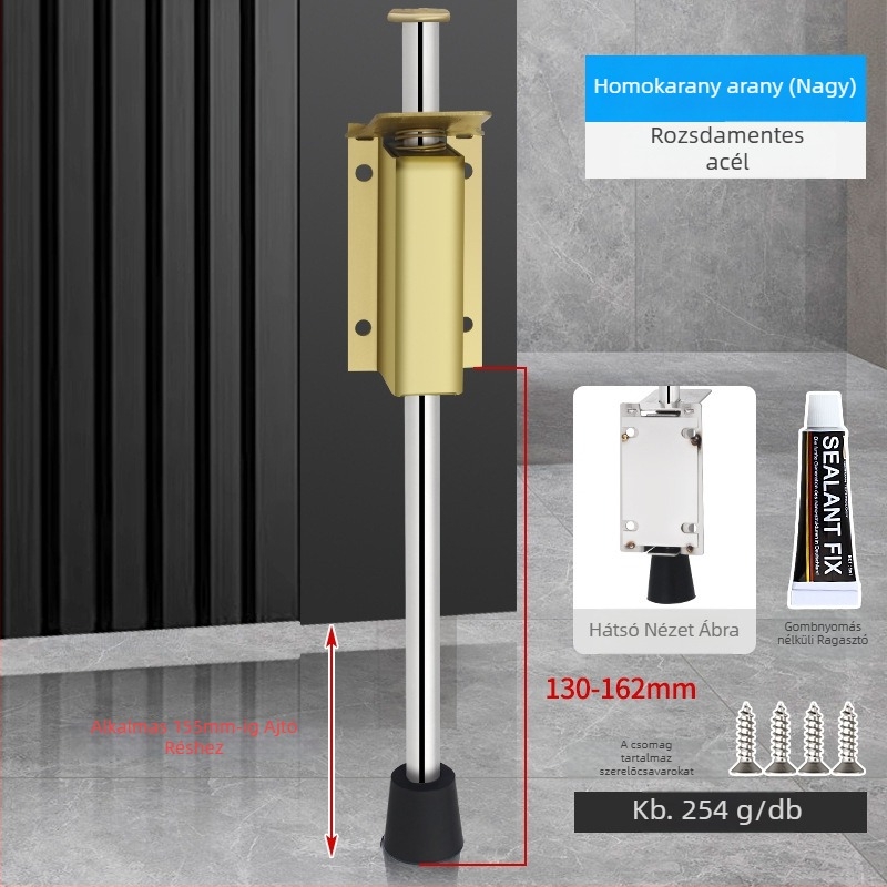Lábpedállal működtetett ajtóstopper, rozsdamentes acélból, csiszolt felülettel, négyszögletes modell, falra szerelhető, kézi működtetés