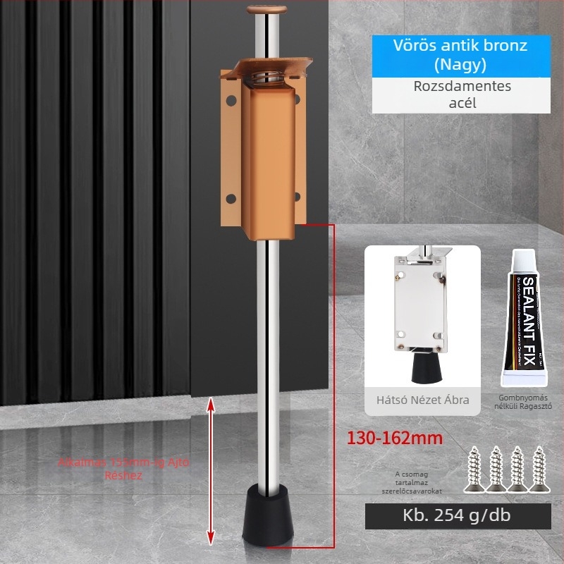Lábpedállal működtetett ajtóstopper, rozsdamentes acélból, csiszolt felülettel, négyszögletes modell, falra szerelhető, kézi működtetés