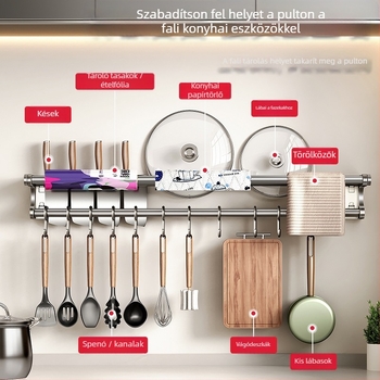 Fali konyhai tárolóállvány kés-tartóval, rozsdamentes acélból, többfunkciós, modern minimál stílus