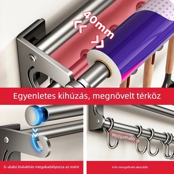 Fali konyhai tárolóállvány kés-tartóval, rozsdamentes acélból, többfunkciós, modern minimál stílus