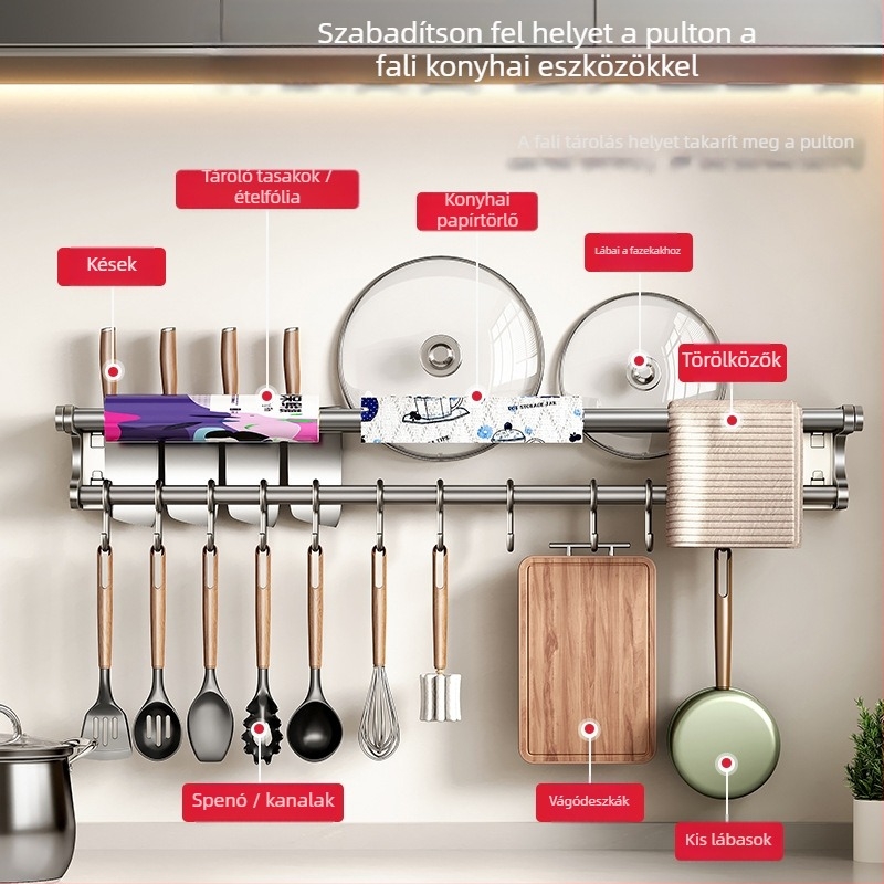 Fali konyhai tárolóállvány kés-tartóval, rozsdamentes acélból, többfunkciós, modern minimál stílus
