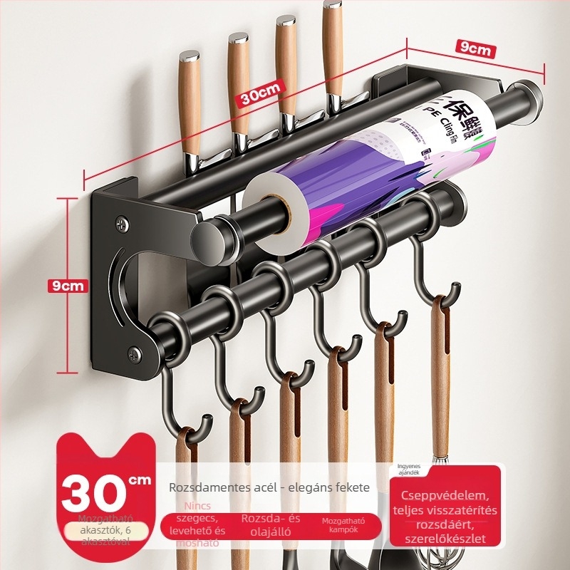 Fali konyhai tárolóállvány kés-tartóval, rozsdamentes acélból, többfunkciós, modern minimál stílus