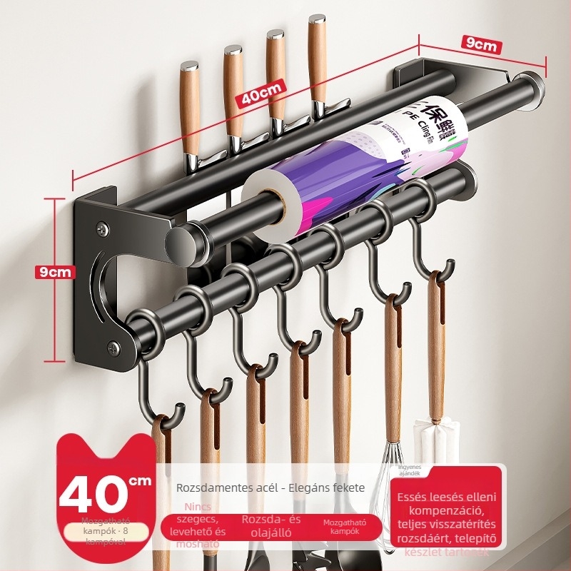 Fali konyhai tárolóállvány kés-tartóval, rozsdamentes acélból, többfunkciós, modern minimál stílus