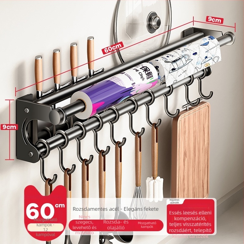 Fali konyhai tárolóállvány kés-tartóval, rozsdamentes acélból, többfunkciós, modern minimál stílus