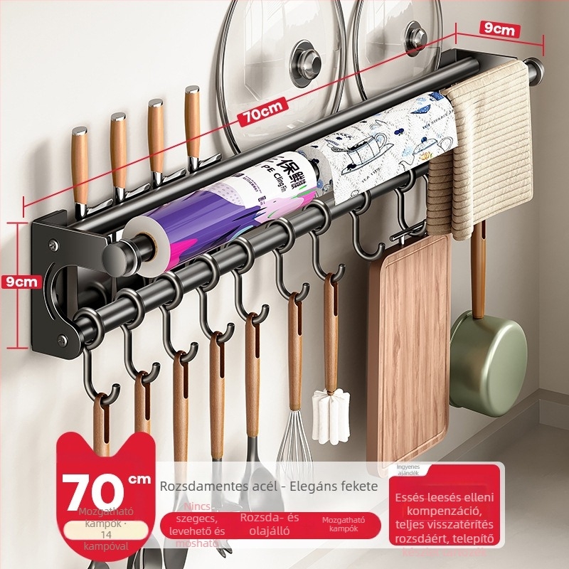 Fali konyhai tárolóállvány kés-tartóval, rozsdamentes acélból, többfunkciós, modern minimál stílus