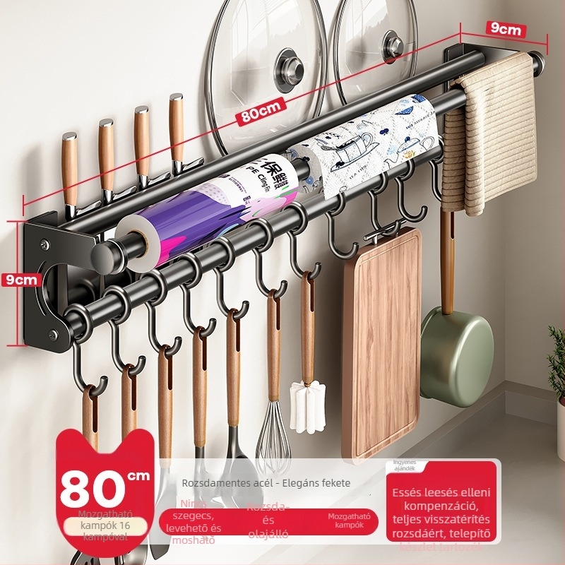 Fali konyhai tárolóállvány kés-tartóval, rozsdamentes acélból, többfunkciós, modern minimál stílus