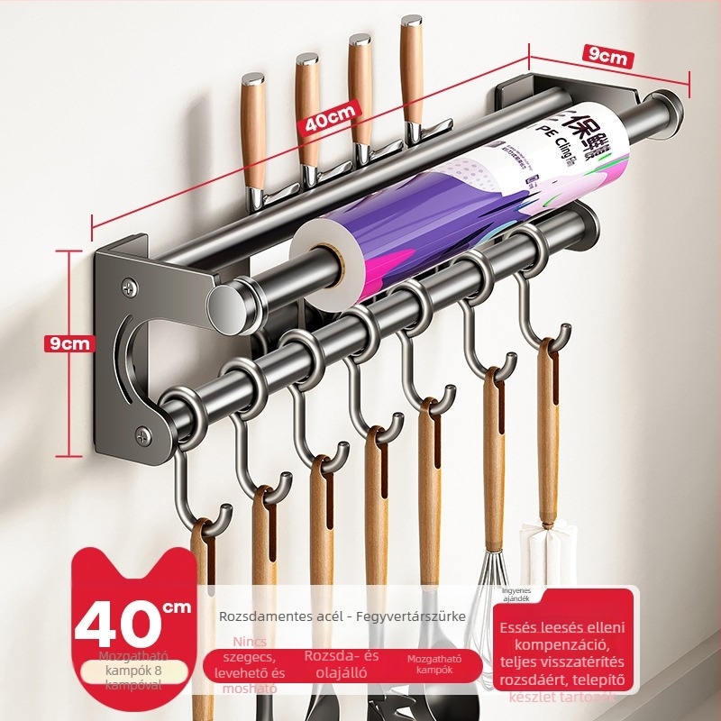 Fali konyhai tárolóállvány kés-tartóval, rozsdamentes acélból, többfunkciós, modern minimál stílus