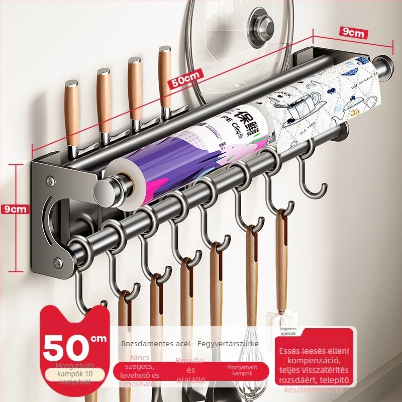 Fali konyhai tárolóállvány kés-tartóval, rozsdamentes acélból, többfunkciós, modern minimál stílus