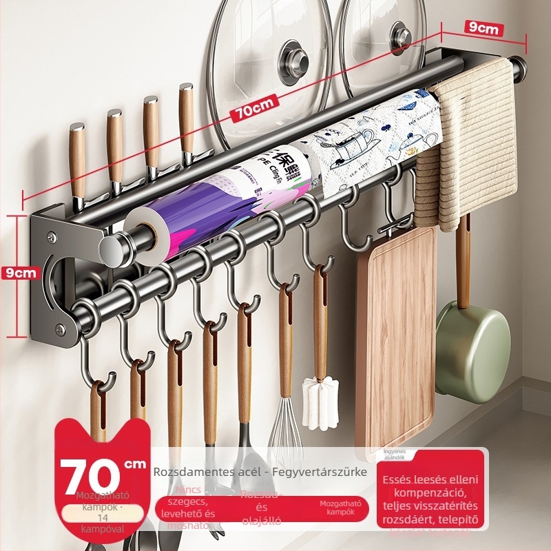 Fali konyhai tárolóállvány kés-tartóval, rozsdamentes acélból, többfunkciós, modern minimál stílus