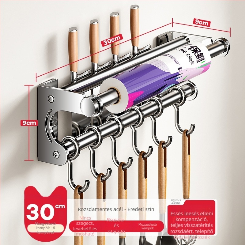 Fali konyhai tárolóállvány kés-tartóval, rozsdamentes acélból, többfunkciós, modern minimál stílus