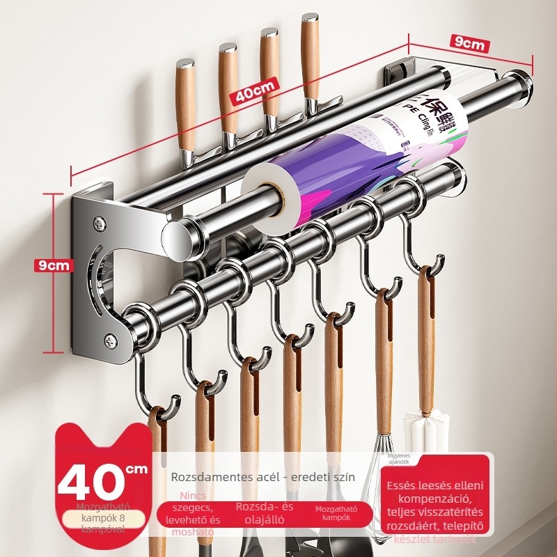 Fali konyhai tárolóállvány kés-tartóval, rozsdamentes acélból, többfunkciós, modern minimál stílus