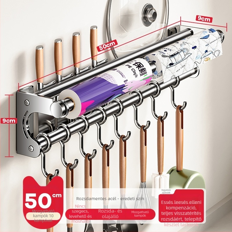 Fali konyhai tárolóállvány kés-tartóval, rozsdamentes acélból, többfunkciós, modern minimál stílus