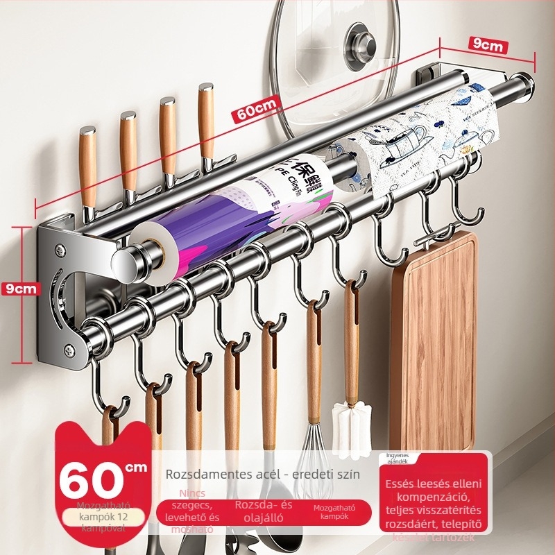 Fali konyhai tárolóállvány kés-tartóval, rozsdamentes acélból, többfunkciós, modern minimál stílus