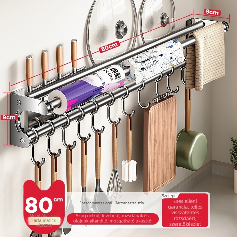 Fali konyhai tárolóállvány kés-tartóval, rozsdamentes acélból, többfunkciós, modern minimál stílus