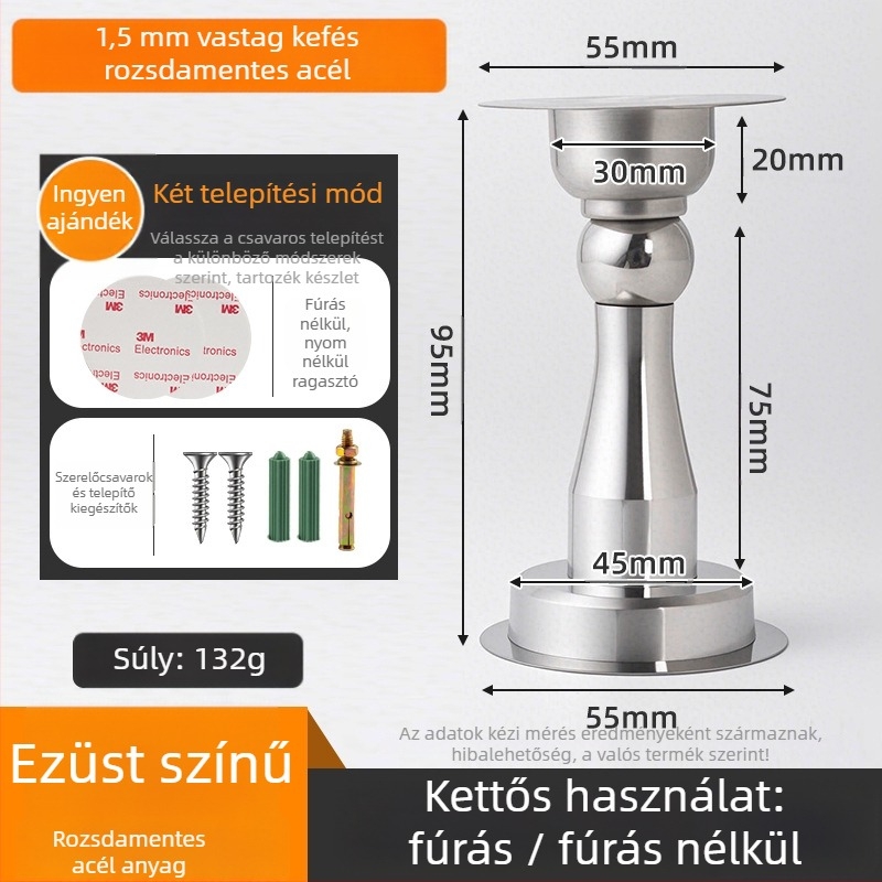 Rozsdamentes acél mágneses ajtócsapó 3 az 1-ben, falra szerelhető, polírozott és elektroplattált felülettel