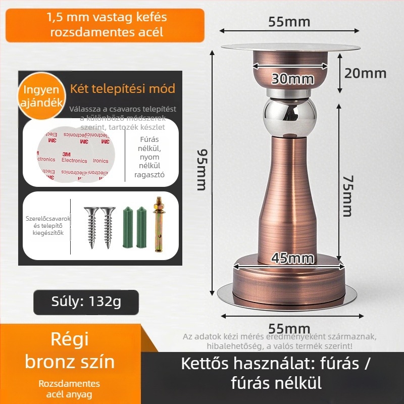 Rozsdamentes acél mágneses ajtócsapó 3 az 1-ben, falra szerelhető, polírozott és elektroplattált felülettel