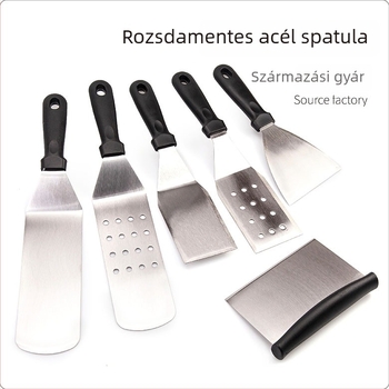 Rozsdamentes acél teppanyaki spatula készlet kültéri grillsütéshez — modern minimalista design, tartalmaz spatulákat steakhez és palacsintákhoz, testreszabható