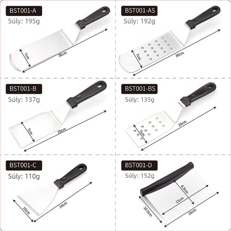 Rozsdamentes acél teppanyaki spatula készlet kültéri grillsütéshez — modern minimalista design, tartalmaz spatulákat steakhez és palacsintákhoz, testreszabható