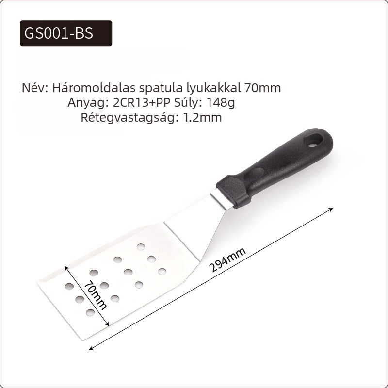 Rozsdamentes acél teppanyaki spatula készlet kültéri grillsütéshez — modern minimalista design, tartalmaz spatulákat steakhez és palacsintákhoz, testreszabható