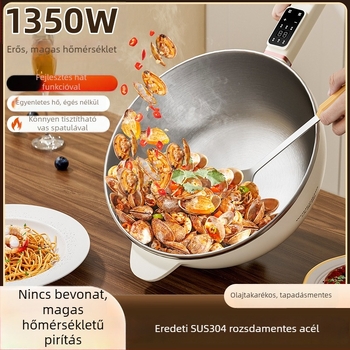 304 rozsdamentes acélból készült elektromos wok, bevonat nélkül, otthoni használatra, többfunkciós elektromos edény — gőzölés, pirítás, főzés, 4–5 L, 1000–1200 W, érintéses vezérlés