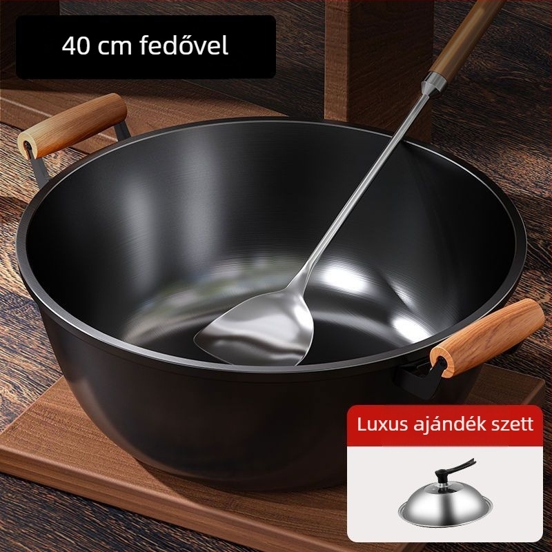 Öntöttvas wok mély oldalakkal, dupla fogantyúval, bevonat nélküli felület, üvegfedél, minden típusú tűzhelyhez