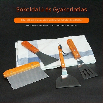 Teppanyaki spatula készlet fa fogantyúval, rozsdamentes acélból – magas hőállóság, égésmentes, tartalmaz steak spatulát és grill spatulát