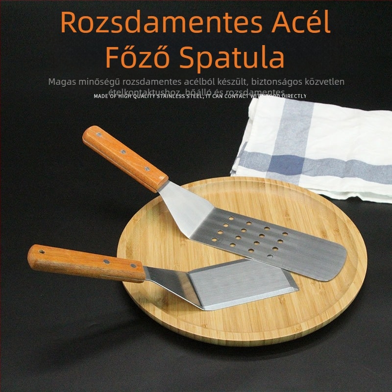Teppanyaki spatula készlet fa fogantyúval, rozsdamentes acélból – magas hőállóság, égésmentes, tartalmaz steak spatulát és grill spatulát