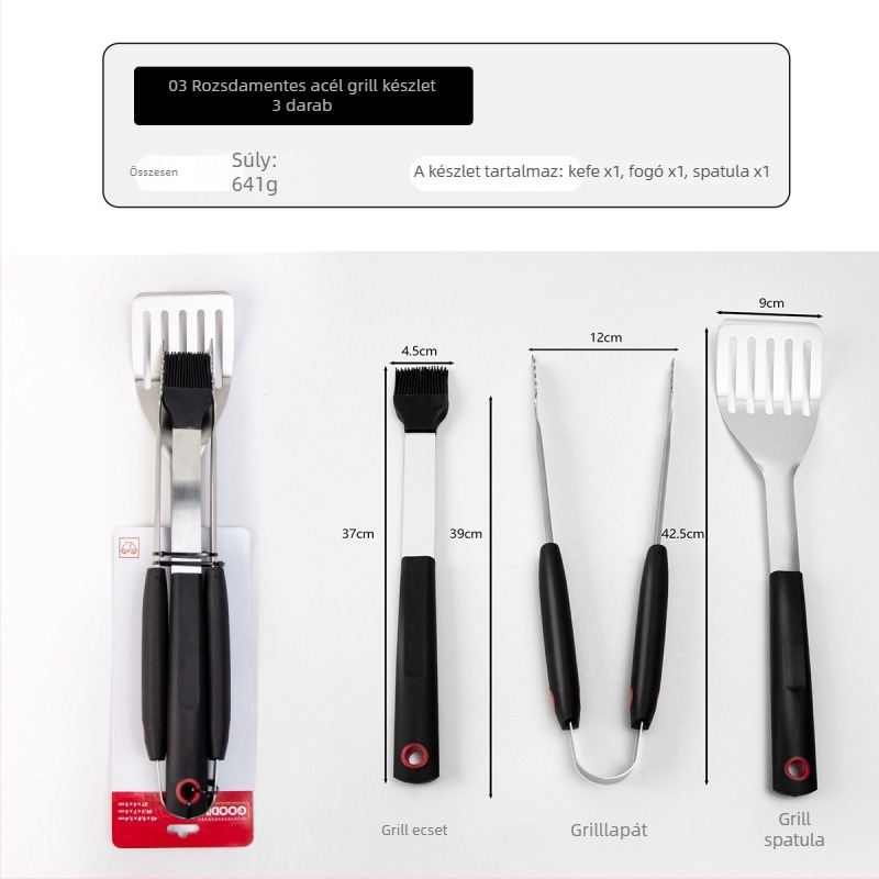 Rozsdamentes acél grillkészlet, 3 darabos, tartalmaz villát, spatulát és klipszet