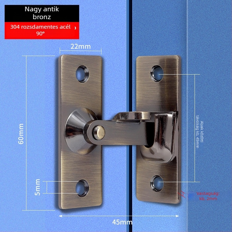 90 fokos rozsdamentes acél ajtózár – Típus A, szálcsiszolt felület, modell 90 Degree Door Buckle, Orford