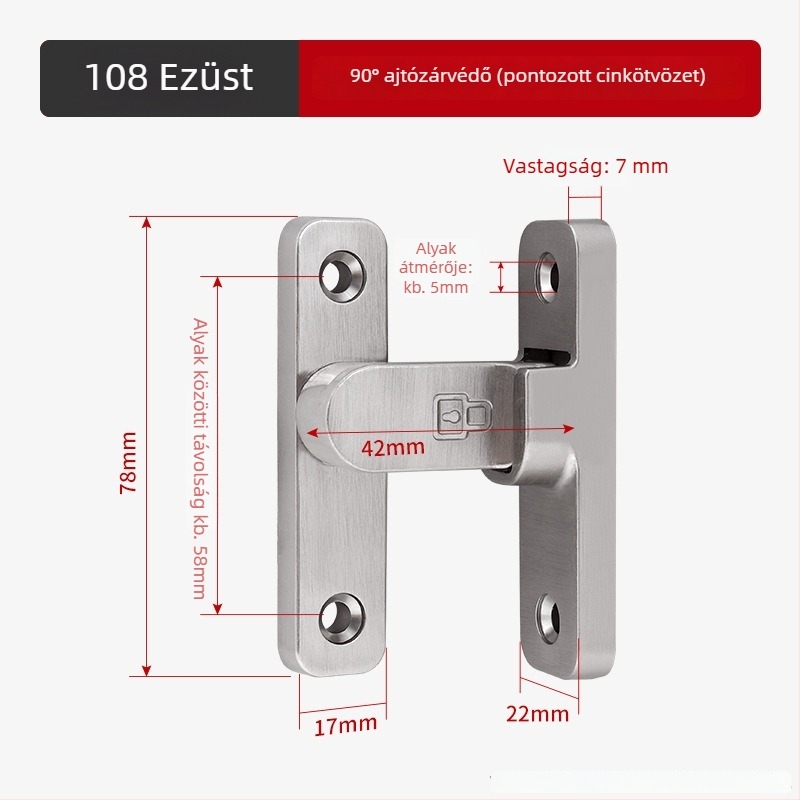 90 fokos rozsdamentes acél ajtózár – Típus A, szálcsiszolt felület, modell 90 Degree Door Buckle, Orford