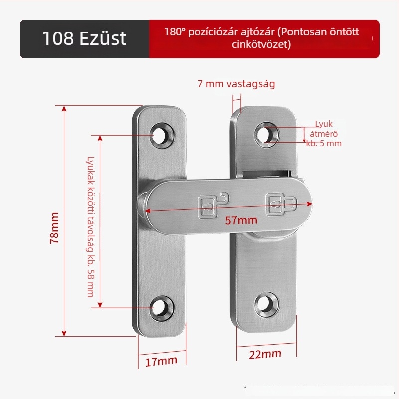 90 fokos rozsdamentes acél ajtózár – Típus A, szálcsiszolt felület, modell 90 Degree Door Buckle, Orford