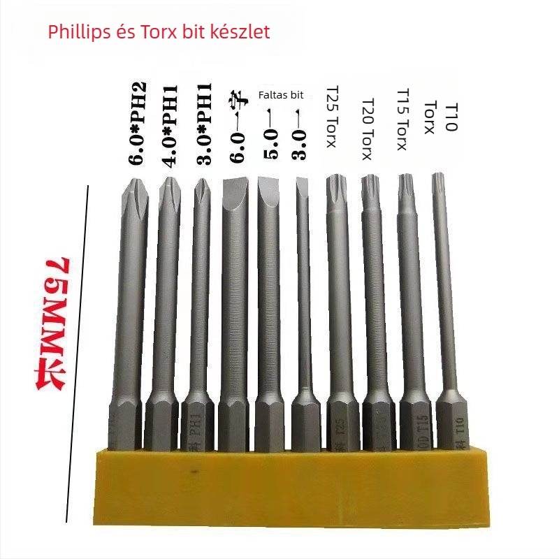 Megkeményített mágneses csavarhúzó bitek készlet Philips, lapos fejű, Torx és HEX bitekkel, akkumulátoros és kézi fúrókhoz