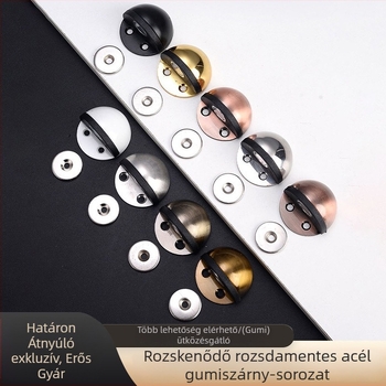 Rozsdamentes acélból készült teknőforma ajtóstopper, padlóra szerelve, gumírozott félkörös ütő, kézi működtetés