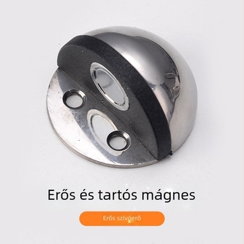 Rozsdamentes acélból készült teknőforma ajtóstopper, padlóra szerelve, gumírozott félkörös ütő, kézi működtetés