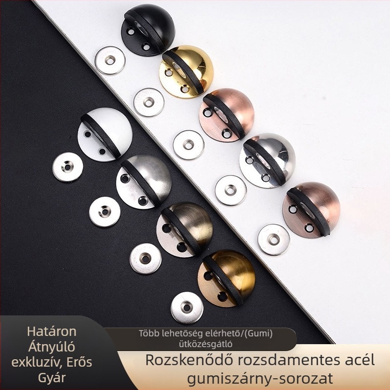 Rozsdamentes acélból készült teknőforma ajtóstopper, padlóra szerelve, gumírozott félkörös ütő, kézi működtetés