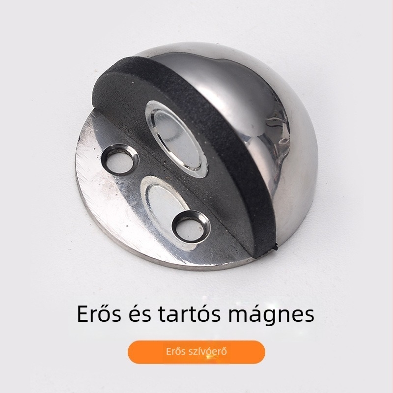 Rozsdamentes acélból készült teknőforma ajtóstopper, padlóra szerelve, gumírozott félkörös ütő, kézi működtetés