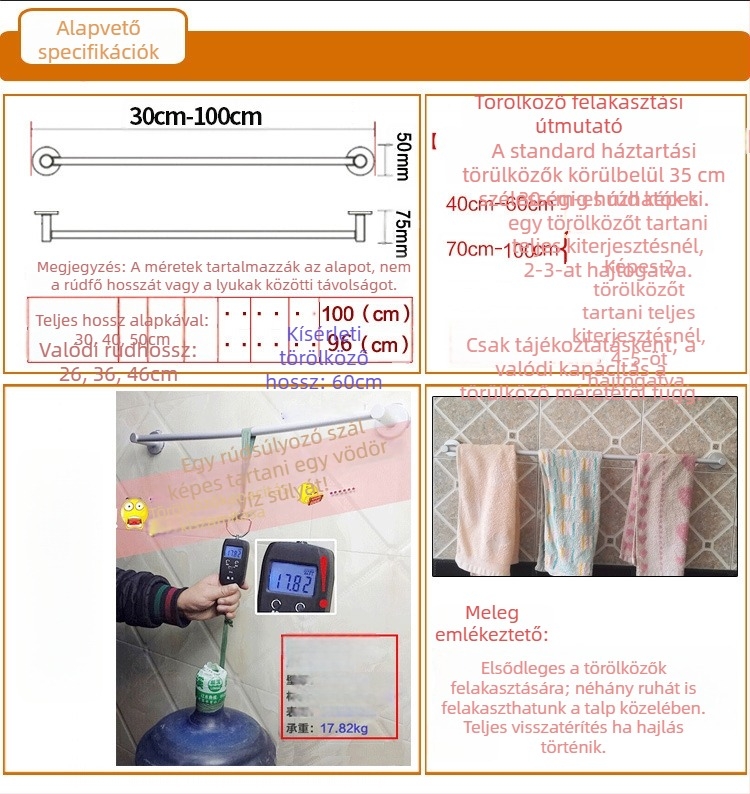 Fali törölközőtartó, egypálcás, űr-alumínium, anodizált felület, teherbírás 30 kg, fúrás nélküli szerelés