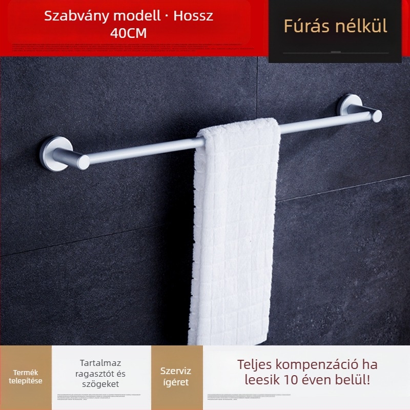 Fali törölközőtartó, egypálcás, űr-alumínium, anodizált felület, teherbírás 30 kg, fúrás nélküli szerelés