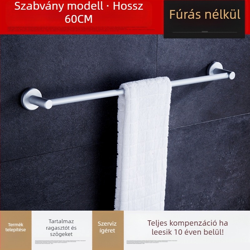 Fali törölközőtartó, egypálcás, űr-alumínium, anodizált felület, teherbírás 30 kg, fúrás nélküli szerelés