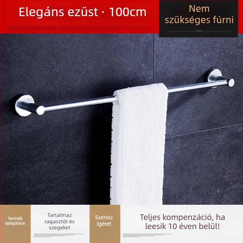 Fali törölközőtartó, egypálcás, űr-alumínium, anodizált felület, teherbírás 30 kg, fúrás nélküli szerelés