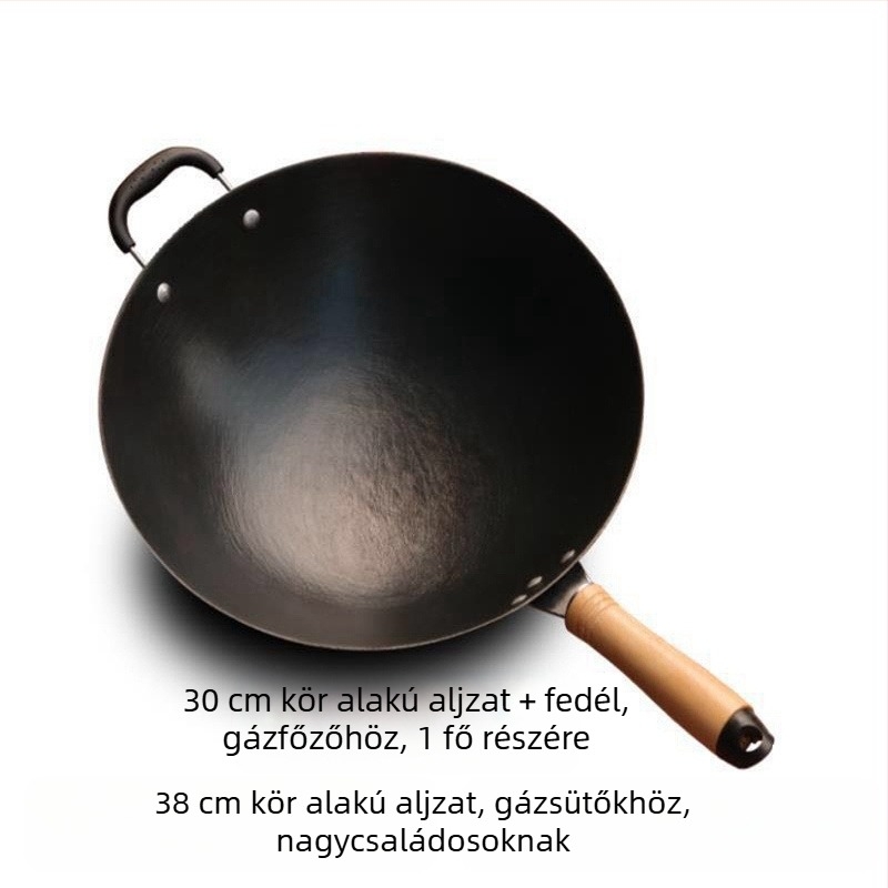 Öntöttvas wok, bevonat nélküli, kerek aljzattal, indukciós kompatibilitás