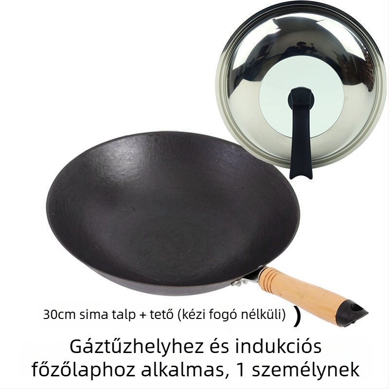 Öntöttvas wok, bevonat nélküli, kerek aljzattal, indukciós kompatibilitás