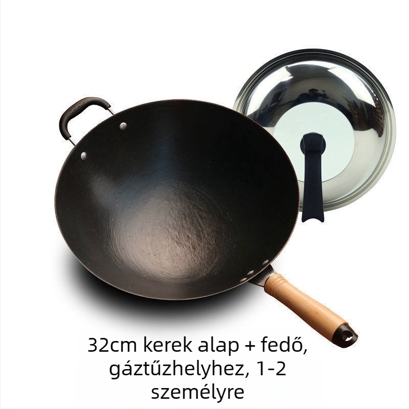 Öntöttvas wok, bevonat nélküli, kerek aljzattal, indukciós kompatibilitás