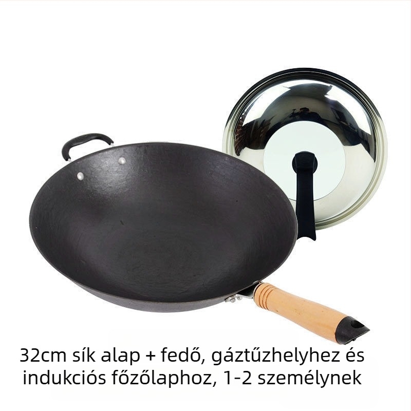Öntöttvas wok, bevonat nélküli, kerek aljzattal, indukciós kompatibilitás