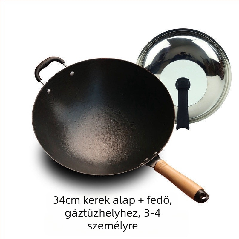 Öntöttvas wok, bevonat nélküli, kerek aljzattal, indukciós kompatibilitás