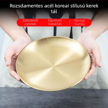 Rozsdamentes acélból készült sekély tál, kerek, polírozott felület, éttermi és vendéglátó felhasználásra, logó nyomtatás testreszabható